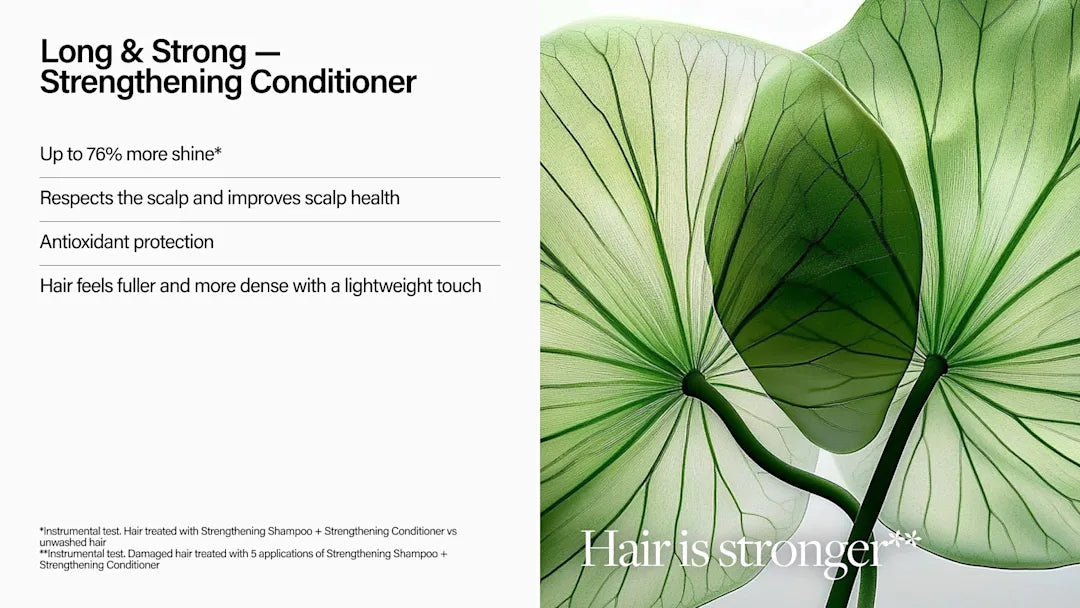 Advertisement for a hair care product with green leaf imagery and text about conditioning benefits.