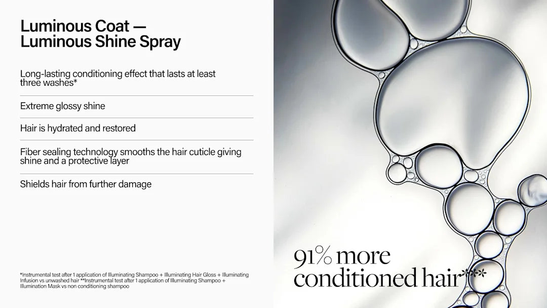 Advertisement for Luminous Coat Luminous Shine Spray with text and bubbles on a white background