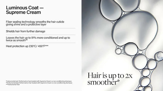 Advertisement for Luminous Coat Supreme Cream with text and bubbles on a white background