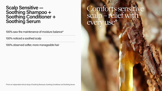 Advertisement for scalp care products with text and a close-up of a tree trunk with honey dripping.