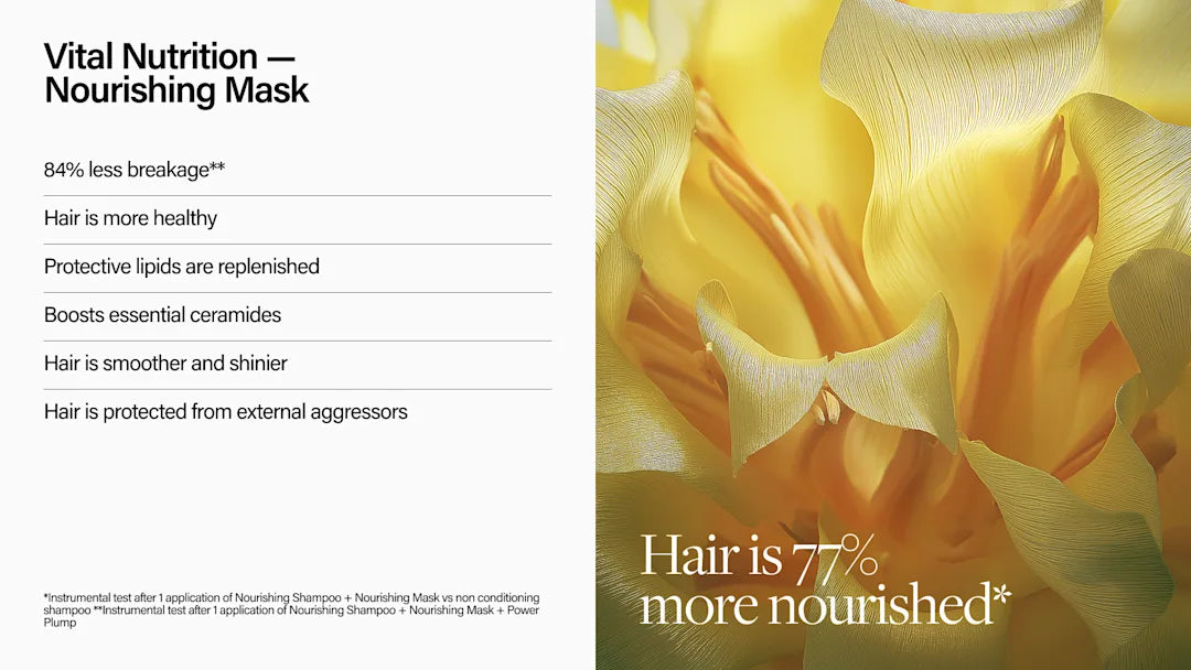 Advertisement for a nourishing mask with text and yellow fabric background