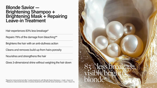 Advertisement for a hair care product with an oyster and pearls on a beige background