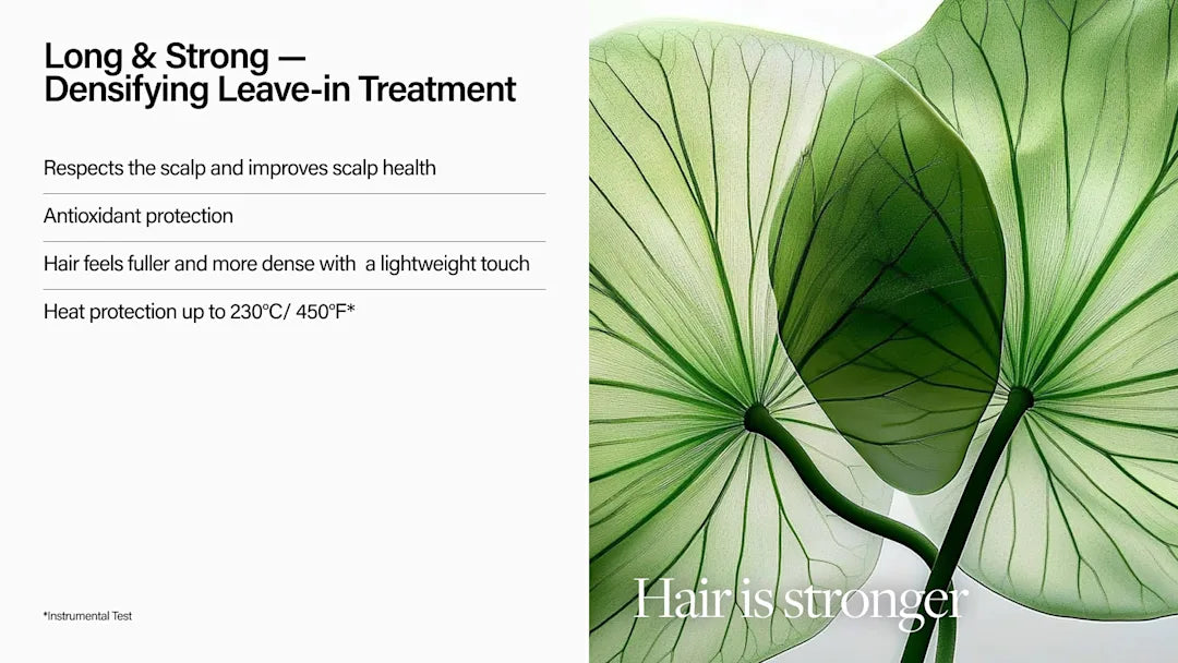 Advertisement for keune long and strong hair treatment product with green leaves on a white background