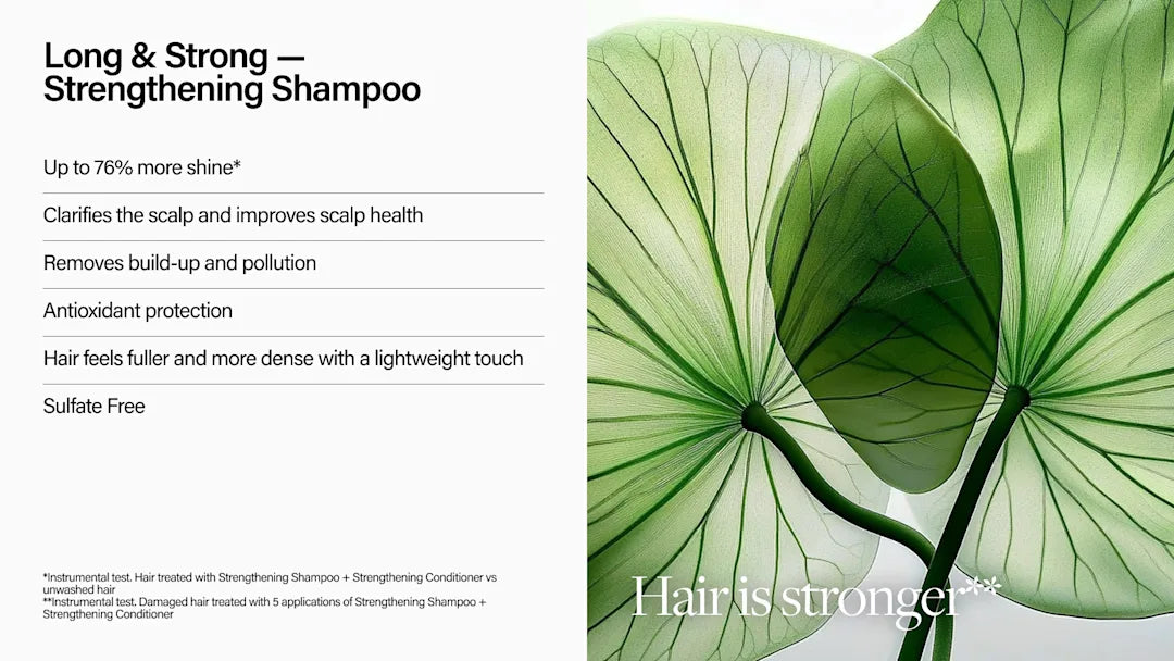 Shampoo product description with green leaf design on a white background