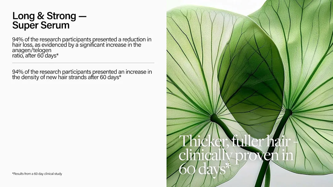 Advertisement for a hair serum with green leaves on a white background