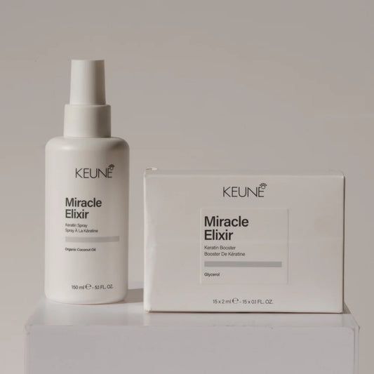 Keune Miracle Elixir bottle and packaging on a neutral background