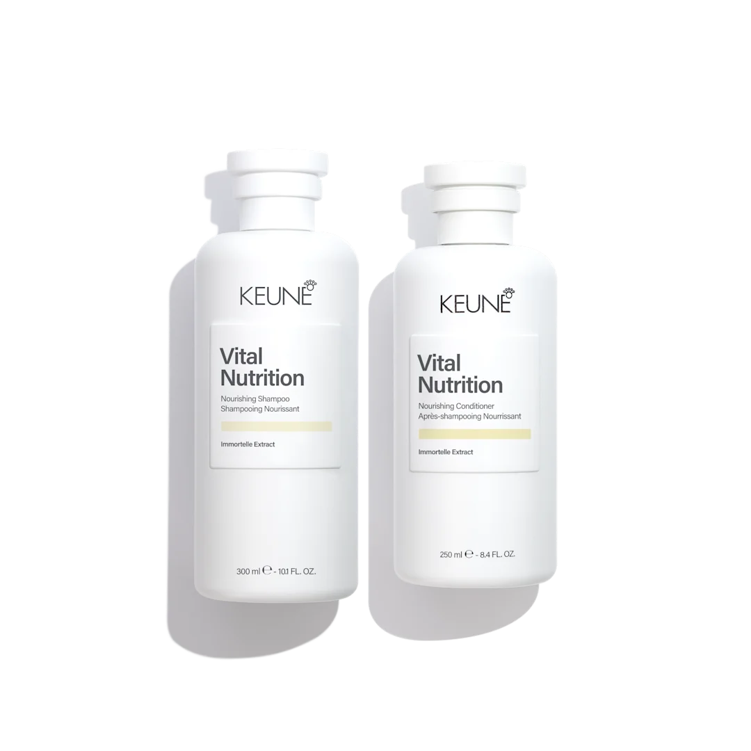 keune vital nutrition shampoo and conditioner in white bottles