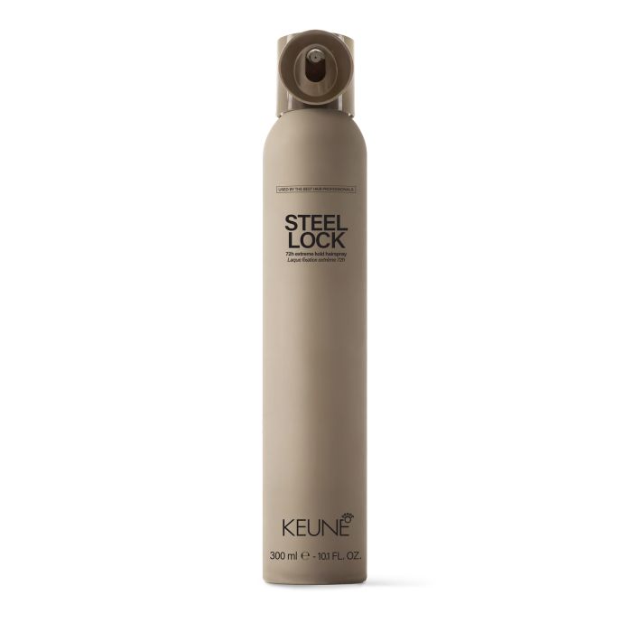A tall aerosol can of KEUNE Steel Lock hair product in a warm taupe-beige color, shown against a plain white background.