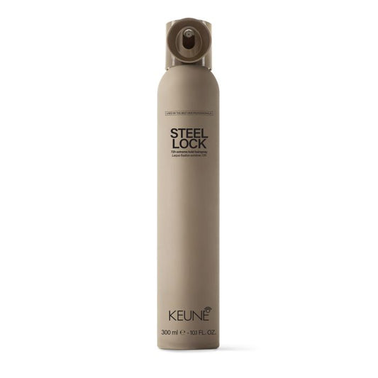 A tall aerosol can of KEUNE Steel Lock hair product in a warm taupe-beige color, shown against a plain white background.