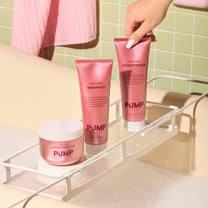 Pump Hair care products on clear tray