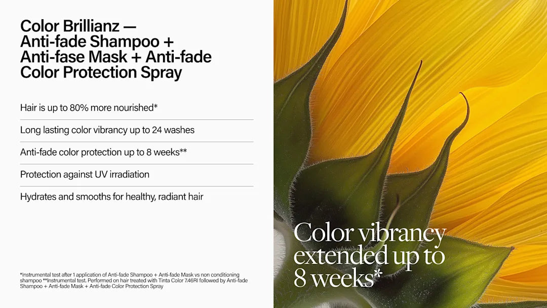 Advertisement for Color Brillianz hair care products with text and a sunflower image.