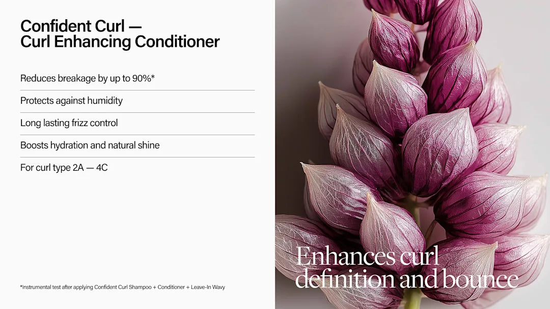 Advertisement for Confident Curl conditioner with purple flowers on a white background
