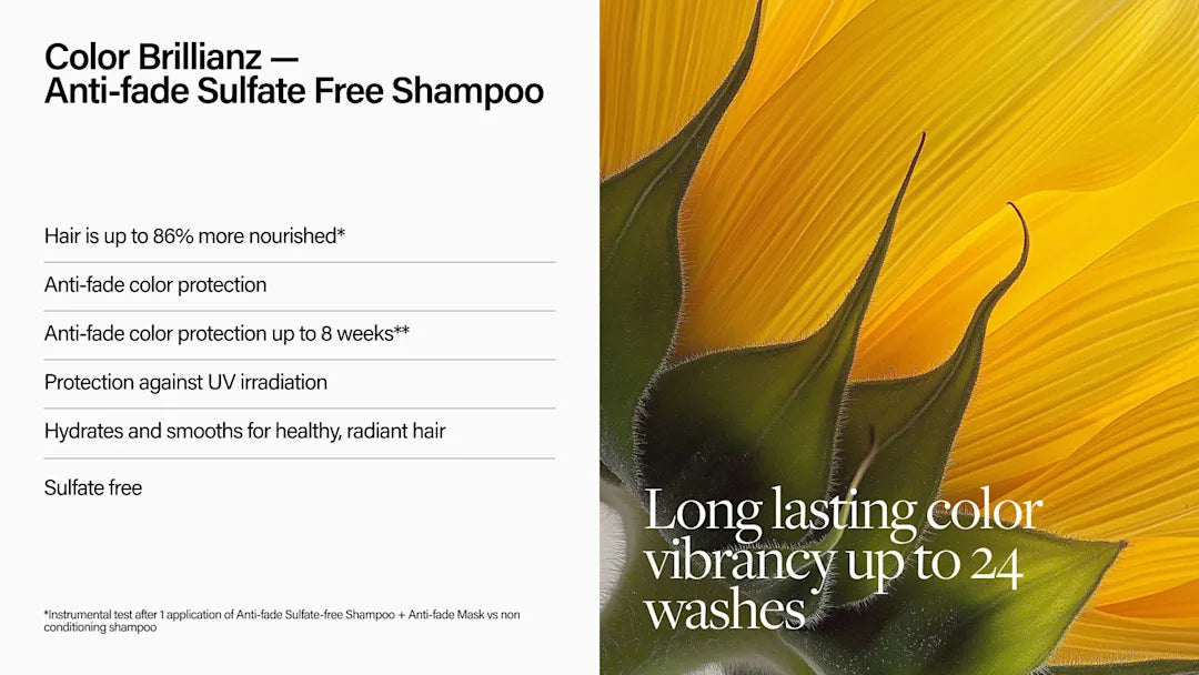 Advertisement for Color Brillianzz Anti-fade Sulfate Free Shampoo with text and sunflower image.