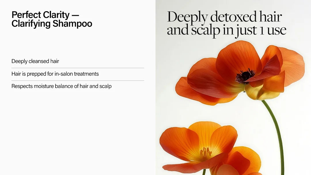 Advertisement for Perfect Clarity Clarifying Shampoo with orange flowers on a white background