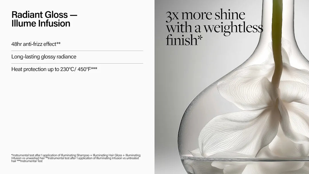 Advertisement for a hair product with text about shine and weightless finish, featuring a close-up of a bottle cap.