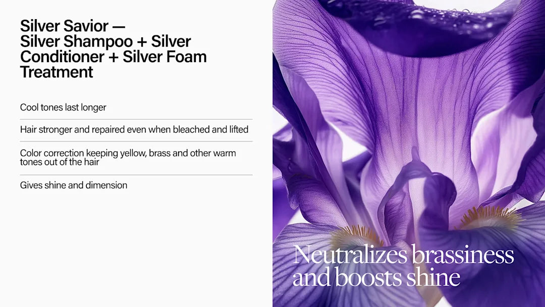 Advertisement for Silver Savior hair care products with a purple flower.
