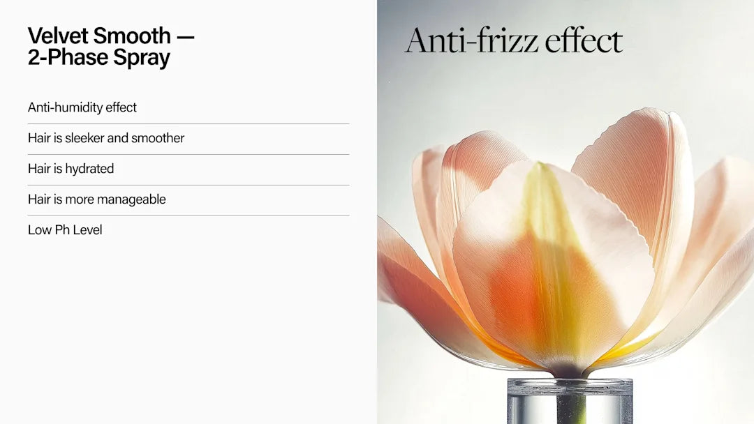 Advertisement for a hair product with a flower design and text about anti-frizz effect and 2-phase spray.