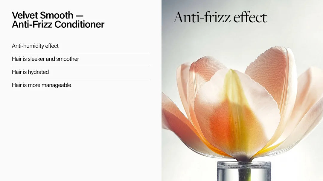 Advertisement for velvet smooth anti-frizz conditioner with a flower and text on a white background