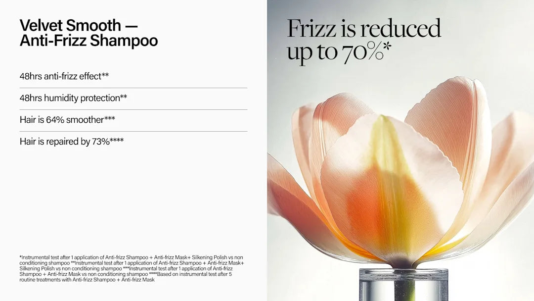 Advertisement for Velvet Smooth Anti-Frizz Shampoo with a flower-like product and text highlighting benefits.