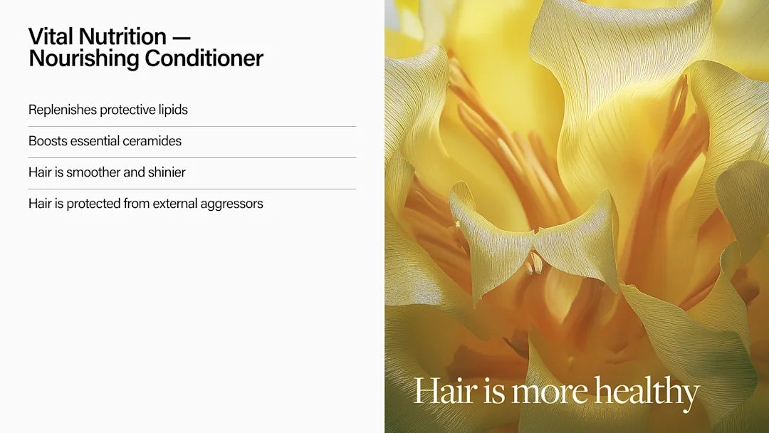 Advertisement for a nourishing conditioner with text and close-up of yellow hair.