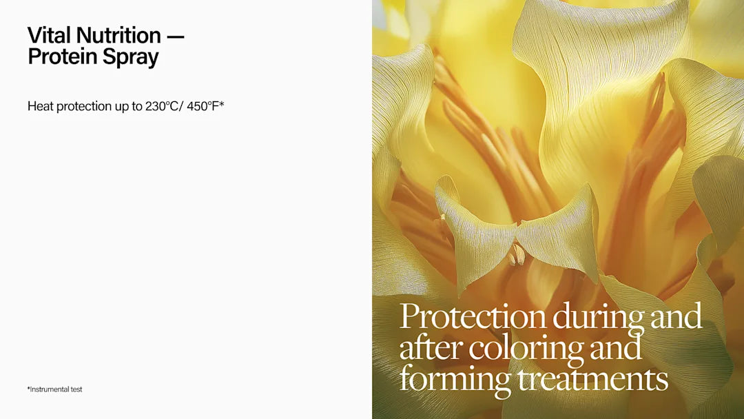 Advertisement for protein spray with text about heat protection and hair treatments.