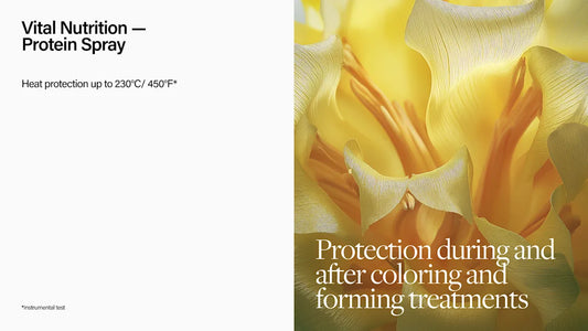 Advertisement for protein spray with text about heat protection and hair treatments.