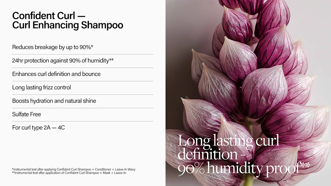 Product description of Confident Curl shampoo with a close-up of pink flowers.
