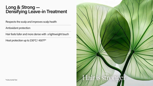 Advertisement for keune long and strong hair treatment product with green leaves on a white background