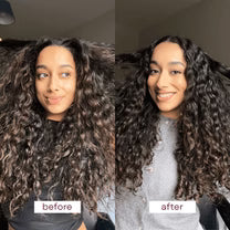 Before and after comparison of a person with curly hair, labeled 'before' and 'after'.