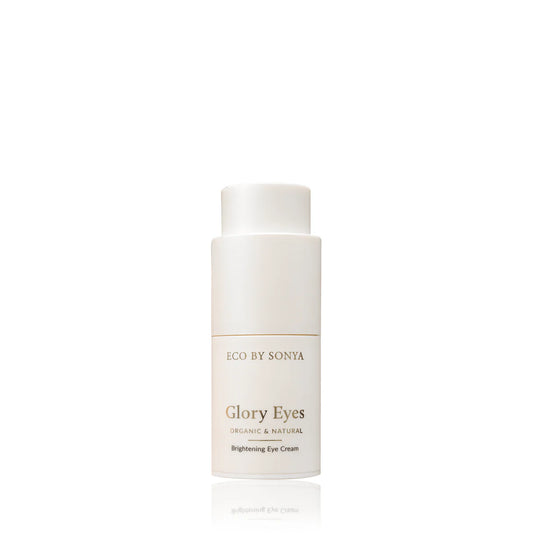 Skincare bottle labeled 'Glory Eyes' by 'Eco by Sonia' on a white background