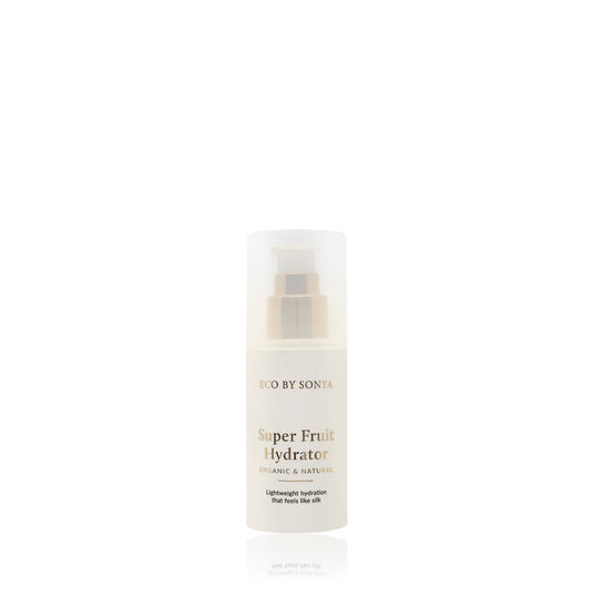 white bottle of eco by sonya super fruit hydrator on white background
