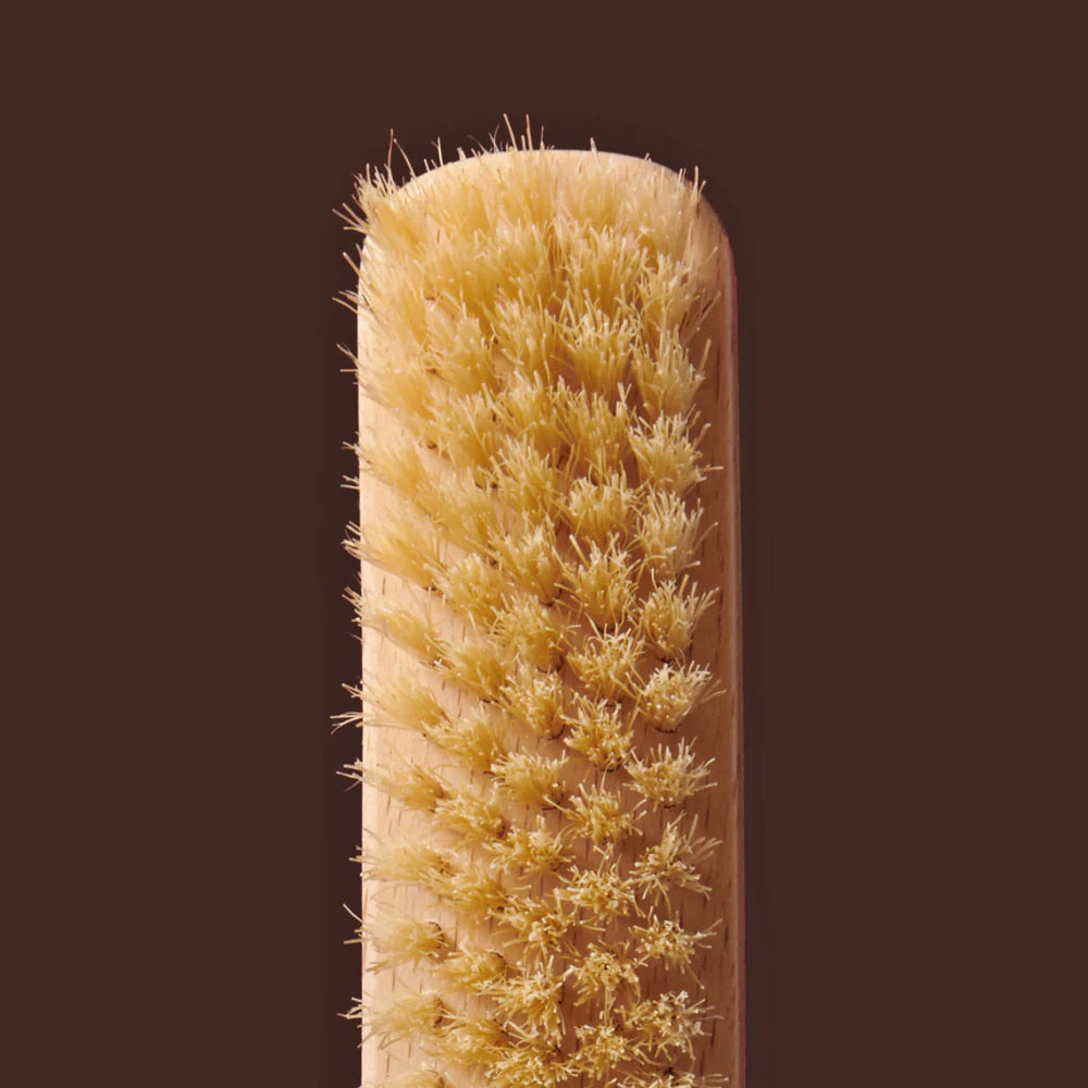 Close-up of a wooden brush with bristles on a brown background