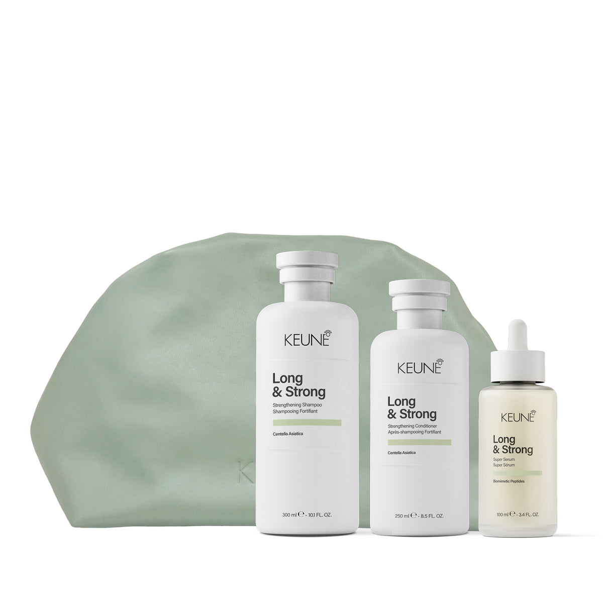 Keune long and strong hair products white background with bag