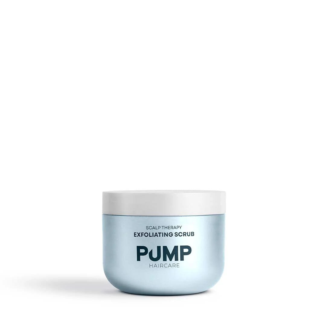Jar of scalp therapy exfoliating scrub with 'Pump Haircare' branding on a white background