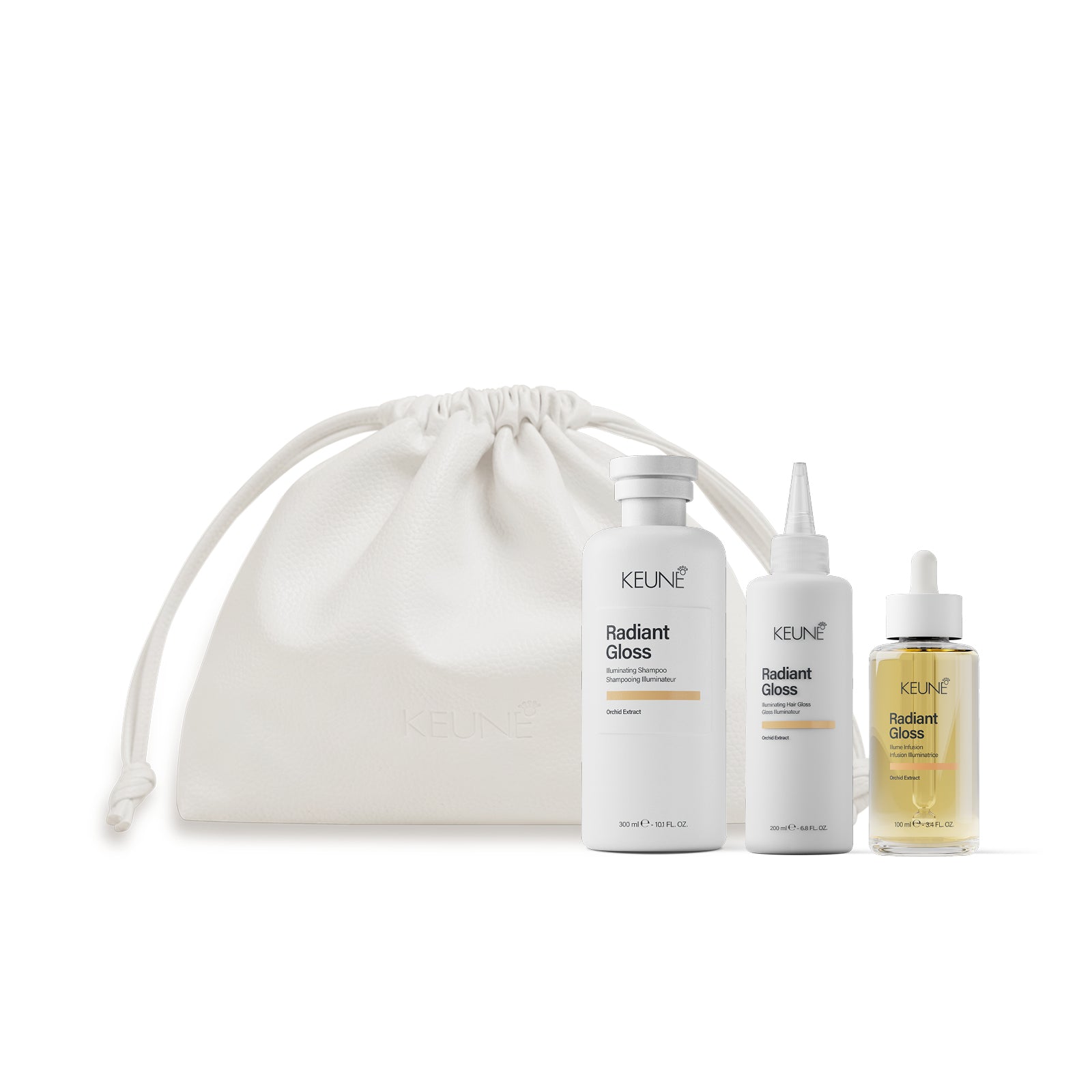 Keune hair care products including a bag, bottles, and a dropper on a white background