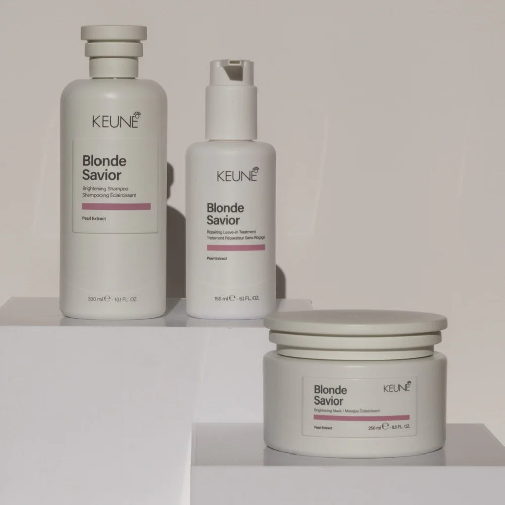 Keune Blonde Savior hair care products on a white background