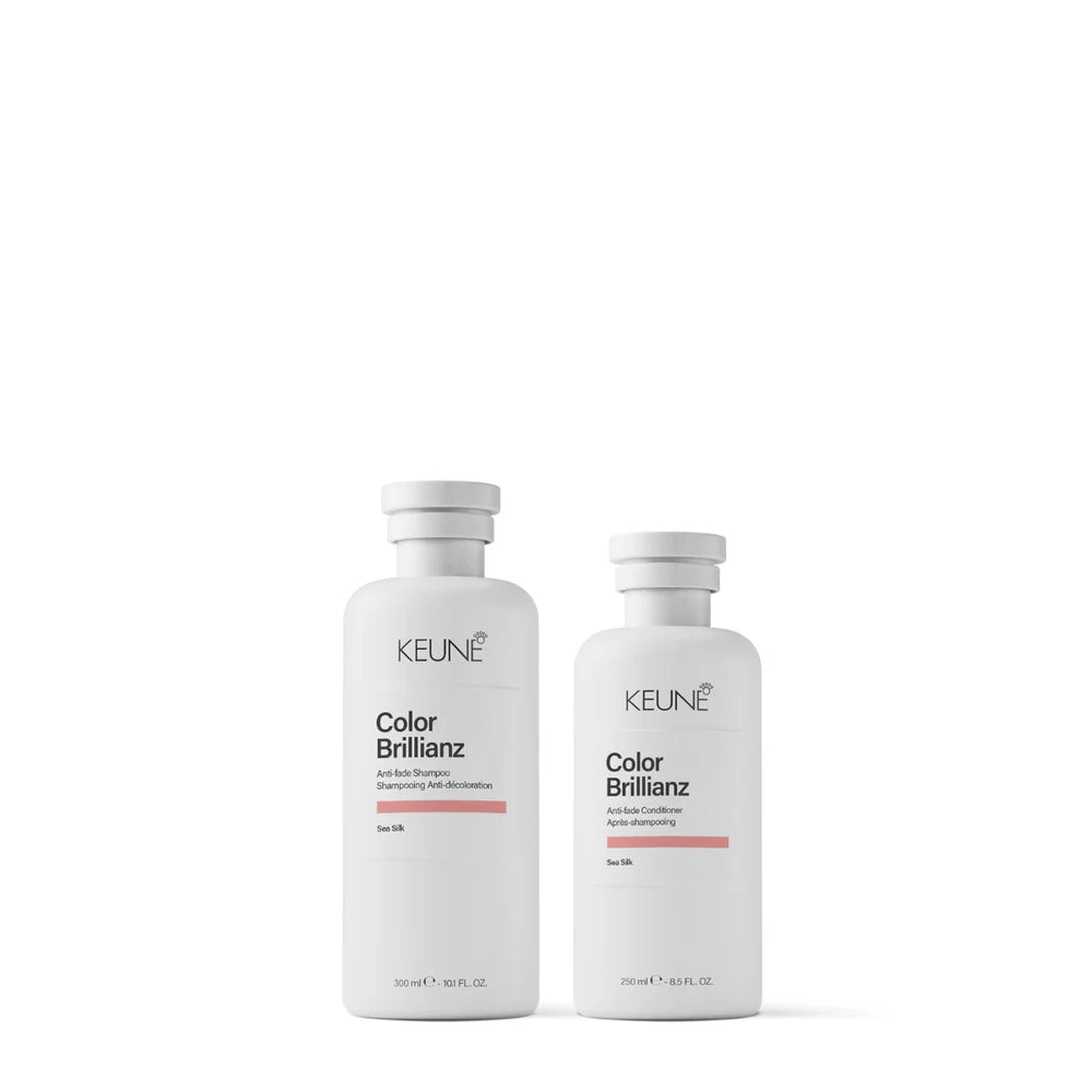 Two bottles of Keune Color Brillianz shampoo on a white background