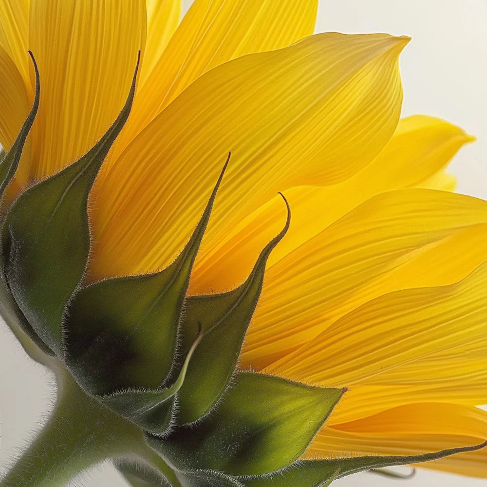 Close-up of a sunflower with bright yellow petals and green leaves.