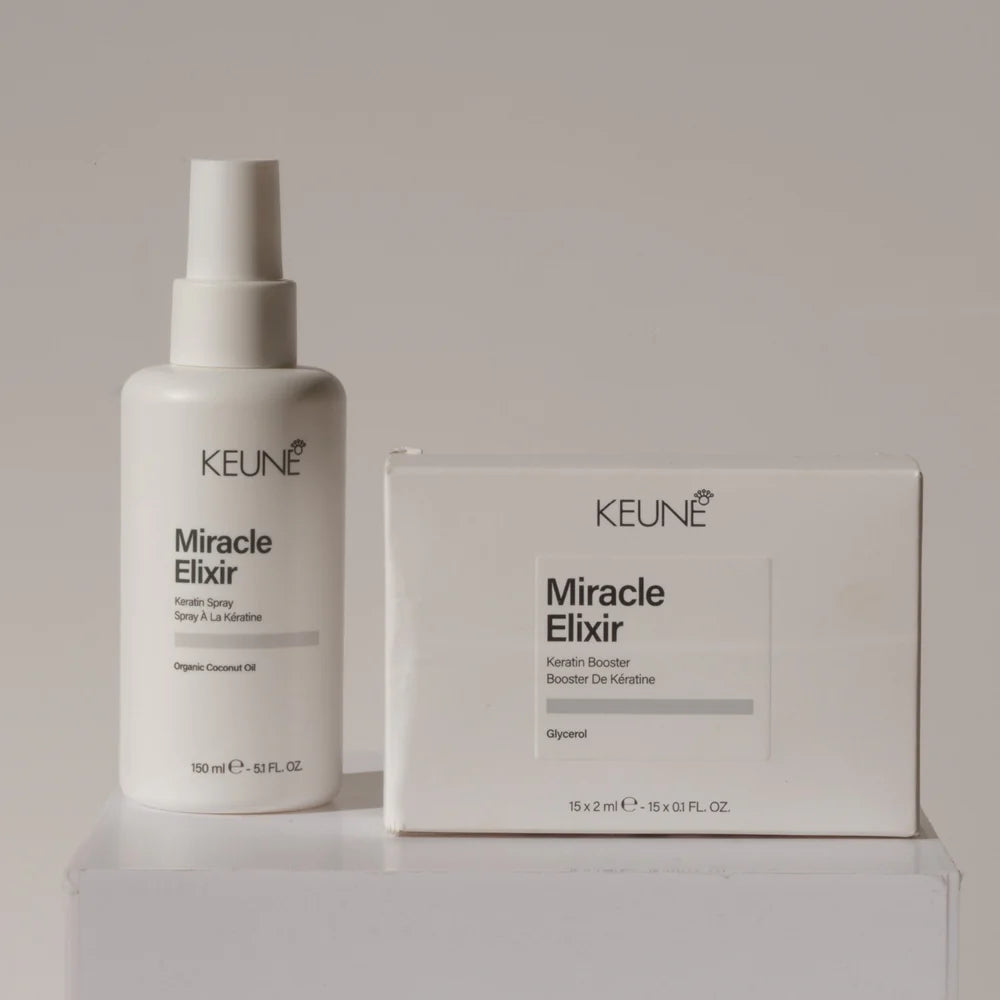 Keune Miracle Elixir bottle and packaging on a neutral background